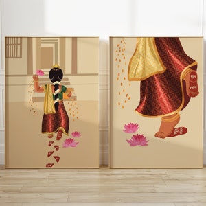 Arte de Lakshmi Devi entrando a tu casa, Arte de la diosa Lakshmi, Arte de los pies de Lakshmi Devi, Arte Desi, Arte indio, Sala de Pooja, Diosa de la riqueza