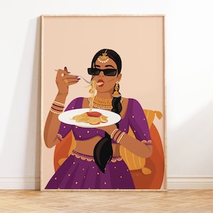 Mujer india comiendo arte, cartel amante de la comida india, arte Desi, arte del sur de Asia, arte de chica marrón, chica tamil, indio americano, regalo para amantes de la comida