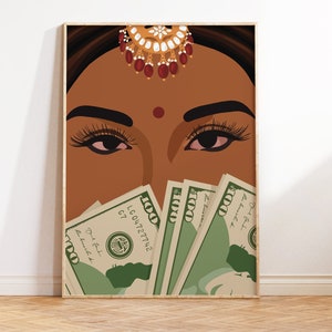 May include: A digital illustration of a woman with brown skin wearing a traditional Indian headdress with red and gold jewels. Her eyes are closed and she is holding a stack of US $100 bills in front of her face.