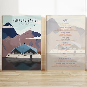 Set of 2 Mool Mantar & Hemkund Sahib Wall Art, Mool Mantar Art in English translation and meaning, Sikh Art, Mool Mantar, Sikh Prayer Prints
