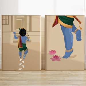 Set of 2 Baby Krishna Art, Bala Krishna walking to your house Art, Cute Lord Krishna, Desi Art, Indian Art, Hindu God, Ethnic, Pooja Room