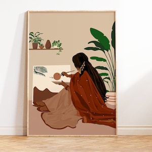 May include: A digital illustration of a woman in a red and beige outfit painting a landscape with a brush. The woman is sitting on the floor with her back to the viewer. There are plants in pots on a shelf behind her.
