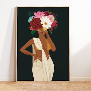 Indian Woman Flower Head Wall Art, Desi Art, Flower Woman Art, South Asian Art, Brown Girl, Modern Woman in Saree, South Indian Art, Tamil