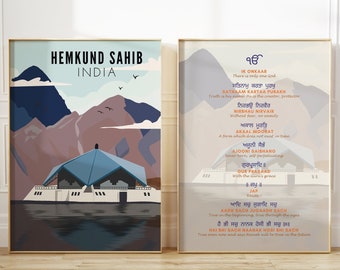 Conjunto de 2 Mool Mantar & Hemkund Sahib Wall Art, Mool Mantar Art en traducción y significado al inglés, Arte sikh, Mool Mantar, Impresiones de oración sikh