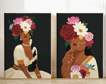 Set of 2 Modern Indian Woman Art, Flower Head Wall Art, Desi Art, Indian Art, South Asian Art, Brown Girl, South Indian Art, Tamil Poster