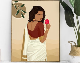 South Asian Wall Art, Brown Girl Art, Women in Saree Poster, South Indian Art, Desi Art, Tamil girl, American Indian Art, Indian Art, Telugu