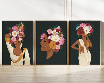 Set of 3 Modern Indian Woman Art, Flower Head Wall Art, Desi Art, Indian Art, South Asian Art, Brown Girl, South Indian Art, Tamil Poster