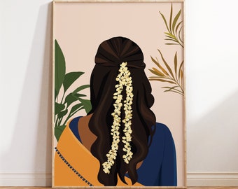Könnte beinhalten: Eine digitale Illustration einer Person mit langen, dunkelbraunen Haaren, die mit einer Girlande aus weißen Blumen geschmückt sind. Die Person trägt ein gelbes und blaues Outfit und ist dem Betrachter den Rücken zugewandt. Der Hintergrund ist hellrosa mit grünem und braunem Laub.