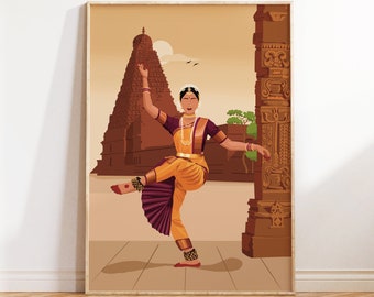 Arte Bharatanatyam, Arte Desi, Arte de Chica Tamil, Arte del Sur de Asia, Arte Mural Indio, Arte Moderno Indio, Arte del Sur de la India, Póster de Bailarina Clásica