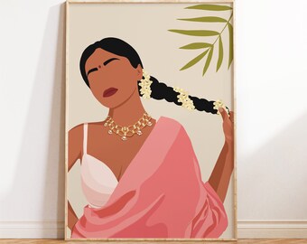 Desi Art, Indian Art, Modern Indian Woman in Saree Art, Brown Girl Art, South Asian Art, Tamil Girl Art, South Indian Art, Telugu Art, Pink