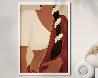 Arte desi, arte de mujeres del sur de Asia, retrato de una niña morena, arte de una mujer moderna con sari, arte del sur de la India, arte tamil, arte de mujeres indias, arte indio