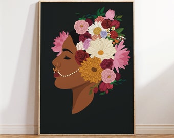 Indian Woman Flower Head Wall Art, Desi Art, Indian Art, Flower Head Woman Art, South Asian Art, Brown Girl, South Indian Art, Tamil Poster