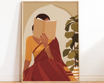 May include: A woman in a red and yellow sari is reading a book. She is sitting in a room with a plant in the background.