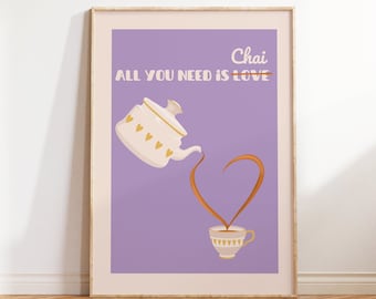 Chai kunst aan de muur, Chai print, thee kunst print, Indiase kunst, desi kunst, Zuid-Aziatische kunst, Indiase keuken prints, desi kunst aan de muur, Indiaas restaurant kunst