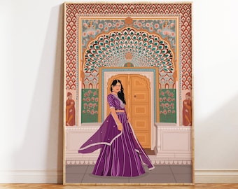 May include: A woman in a purple and white dress stands in front of a colorful archway with a peacock design. The archway is decorated with intricate details and floral patterns.