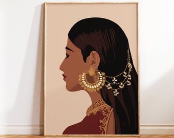 Desi Art, Indian Woman Wall Art, South Asian Print, Brown Girl Illustration, Indian Home Decor, Telugu Art, Tamil Girl Art, Bangladeshi Art