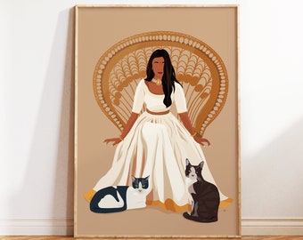 Estampa de mulher-gato, arte Desi, arte indiana, arte sul-asiática, estampa de gato, arte sul-indiana, garota morena, arte de mulher Desi, presente para mãe de gato, presentes para gatos