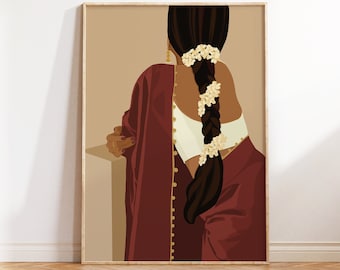 Arte Desi, Arte de la mujer del sur de Asia, Retrato de niña morena, Arte de mujer moderna en sari, Arte del sur de la India, Arte tamil, Mujer india, Gajra, Flores