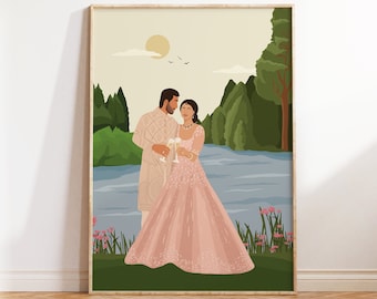 Indian Couple Toasting Art, Indian Art, Desi Art, South Asian Art, Brown Couple Portrait, Valentine's Gift, For him/her, Anniversary Gift