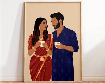 Indian Couple drinking Chai Art, Indian Art, Desi Art, South Asian Art, South Indian Art, Brown Couple Art, Valentine's Gift, Wedding Gift