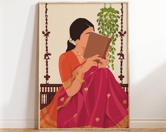 Indian Women In Saree Reading Book Art, Boho Art, Desi Art, Indian Book Lovers Wall Art, South Asian Art, Indian Art, Tamil Girl, Brown Girl