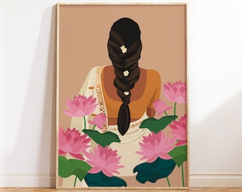 May include: A digital illustration of a woman with long dark hair in a braid, wearing a white and gold sari, sitting amongst pink lotus flowers.
