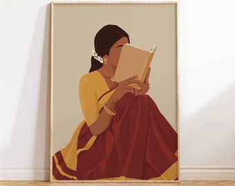 Indian Women In Saree Reading Book Art, Boho Art, Desi Art, Indian Book Lovers Wall Art, South Asian Art, Indian Art, Tamil Girl, Brown Girl
