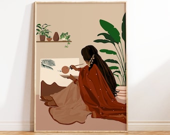 Desi Art, Indian Wall Art, Tamil Art, South Asian Woman Art, Brown Girl, South Indian Art Prints, Painting Lover Art, Pakistani Woman Print