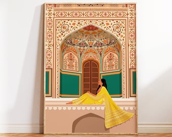 May include: A woman in a yellow dress sits in a doorway with intricate floral patterns and a green archway. The doorway is decorated with colorful tiles and floral designs.