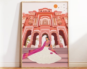 May include: A woman in a white and pink traditional Indian outfit sits on the steps of a pink building with ornate arches. The building has a sun and birds in the sky above it.