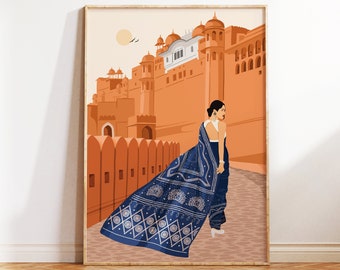 May include: A woman in a blue and white patterned sari walks through a doorway in a large orange building. The building has a white dome and many windows.