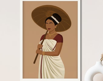 Kerala Woman Art Print, Desi Art, South Asian Woman Illustration, Brown Girl Portrait, South Indian Art, Mallu Art, Indian Woman in Saree