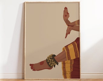 Indian Classical Dancer Art, Bharatanatyam Mudra Poster, South Asian Dancer Feet Illustration, Brown Girl Art, Desi Art, Tamil girl Wall Art