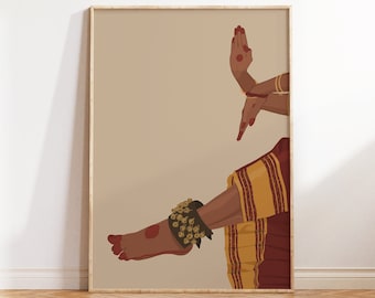 Arte de bailarina clásica india, póster de mudra de Bharatanatyam, ilustración de pies de bailarina del sur de Asia, arte de chica morena, arte desi, arte mural de chica tamil
