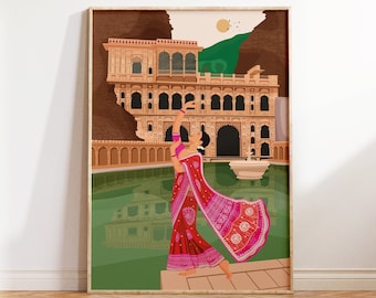May include: A woman in a pink and red sari dances in front of a large, ornate building with a reflecting pool in front of it. The building has a brown roof and many windows. The woman is facing the building and has her arms raised above her head.
