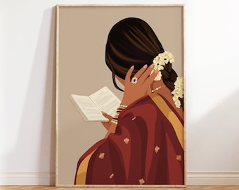 May include: A woman in a red and gold sari with white flowers in her hair reads a book. She is wearing a green ring on her finger and gold bracelets on her wrist.
