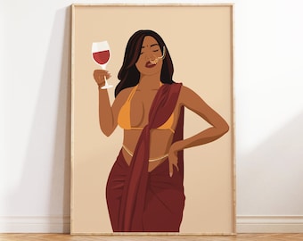 Modern Indian Woman Drinking Art, Desi Art, Indian Wall Art, South Asian Art, Partying Art, Brown Girl, South Asian Prints, Digital Download