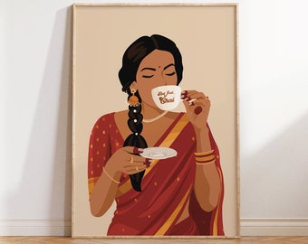 Indian Woman Drinking Chai Art, Desi Art, Indian Wall Art, Coffee Lover Portrait, South Asian Print, Tea Lovers Art, Modern Indian Retro Art