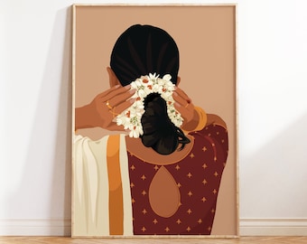 Indian Wall Art, Desi Art, South Asian Woman Art, Brown Girl Art, South Indian Art, Tamil girl Illustration, American Indian Art, Telugu Art