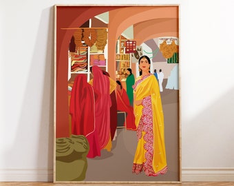 May include: A woman in a yellow and pink sari stands in a crowded market. The sari has intricate embroidery and a gold border. The woman is surrounded by other people, some of whom are wearing colorful saris. The market is filled with colorful fabrics and other goods.