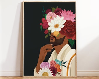 May include: A digital illustration of a person with a dark complexion wearing a white robe with a gold trim. The person's head is adorned with a colorful floral crown. The background is black.