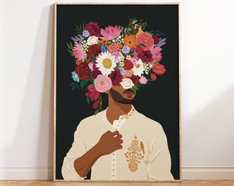 May include: A digital illustration of a person with a floral crown made of pink, red, and white flowers. The person is wearing a cream-colored shirt with gold embroidery.