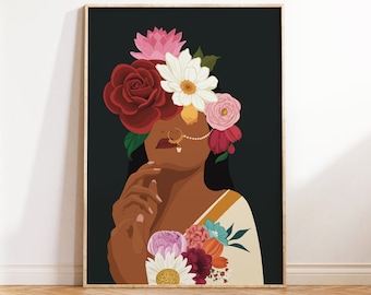 Indian Woman Flower Head Wall Art, Desi Art, Flower Woman Art, South Asian Art, Brown Girl, Modern Woman in Saree, South Indian Art, Tamil