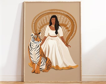 Puede incluir: Una ilustración digital de una mujer con un vestido blanco sentada en una silla de pavo real dorada con un tigre a su lado. El fondo es de color marrón claro.