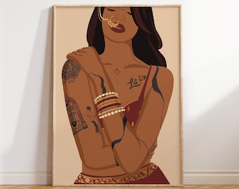 Indian Wall Art, Desi Art, South Asian Woman Art, Brown Girl Art, South Indian Art, Tamil girl Illustration, American Indian Art, Telugu Art