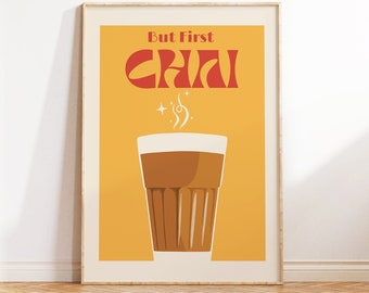 Retro But First Chai - Indian Typograph Art, Vintage Poster, Desi Kitchen & Dining Painting, Fun Indian Quote, South Asian Wall Art