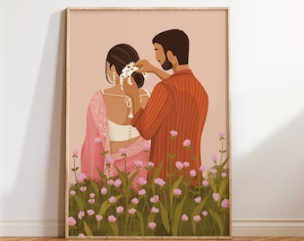 Indian Couple Art, Indian Art, Desi Art, South Asian Art, South Indian Art, Desi Art, Brown Couple Art, Valentine's Gift, For him, For her