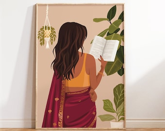 Indian Women In Saree Reading Book Art, Indian Wall Art, Desi Art, South Asian Art, Tamil Girl, Brown Girl, Plant Mom Print, Book Lovers Art
