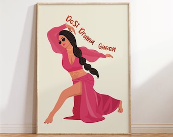 Modern Indian Woman Art, Desi Art, Indian Wall Art, South Asian Art, Brown Girl, South Indian Prints, Desi Drama Queen Art, Digital Download