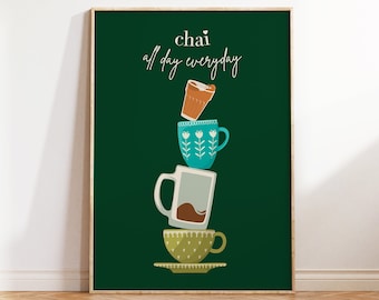 Chai kunst aan de muur, Chai print, thee kunst print, Indiase kunst, desi kunst, Zuid-Aziatische kunst, Indiase keuken prints, desi kunst aan de muur, Indiaas restaurant kunst